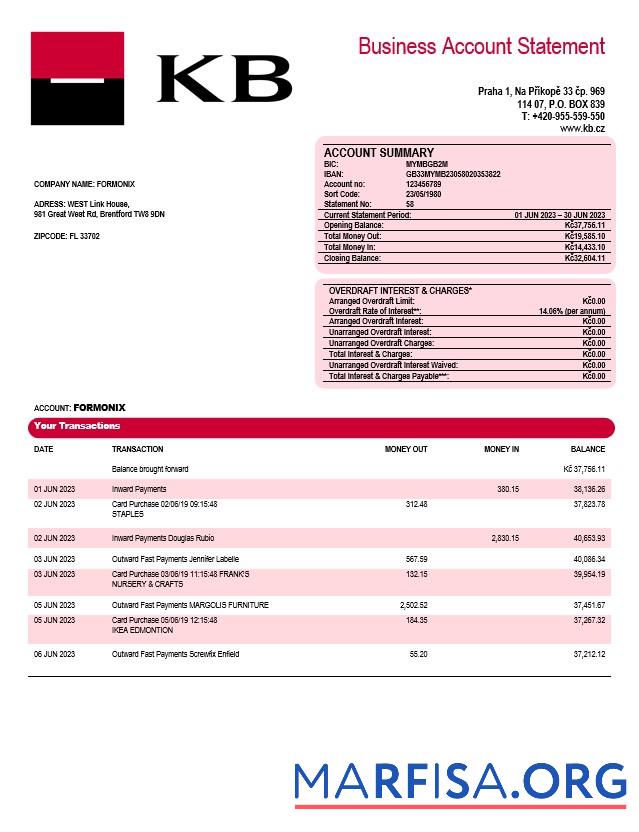 Downloadable Komercní banka corporate checking account statement Word and PDF template